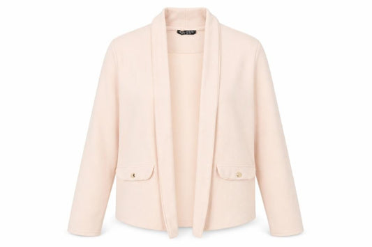 Front view of Select women’s pink v-neck polyester cardigan jumper, size UK 12