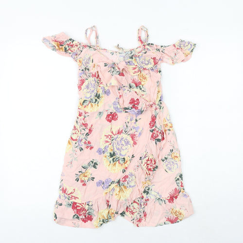 H&M Womens Pink Floral Polyester Skater Dress Size 8 Off the Shoulder Pullover - Frill Straps