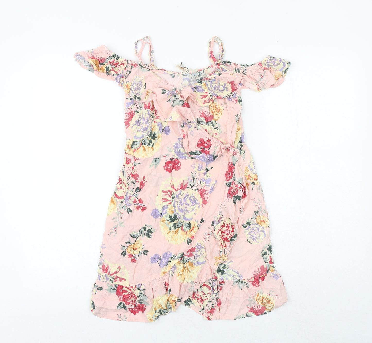 H&M Womens Pink Floral Polyester Skater Dress Size 8 Off the Shoulder Pullover - Frill Straps