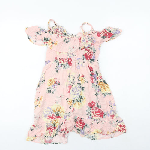H&M Womens Pink Floral Polyester Skater Dress Size 8 Off the Shoulder Pullover - Frill Straps