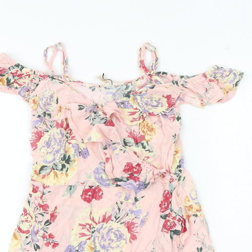 H&M Womens Pink Floral Polyester Skater Dress Size 8 Off the Shoulder Pullover - Frill Straps