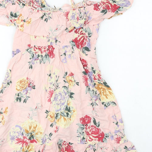H&M Womens Pink Floral Polyester Skater Dress Size 8 Off the Shoulder Pullover - Frill Straps