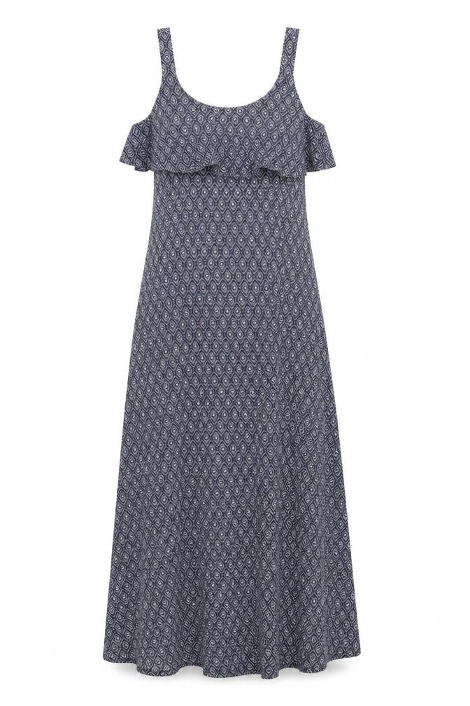 Front view of JoJo Maman Bébé women’s blue geometric viscose maxi, size S, scoop neck pullover
