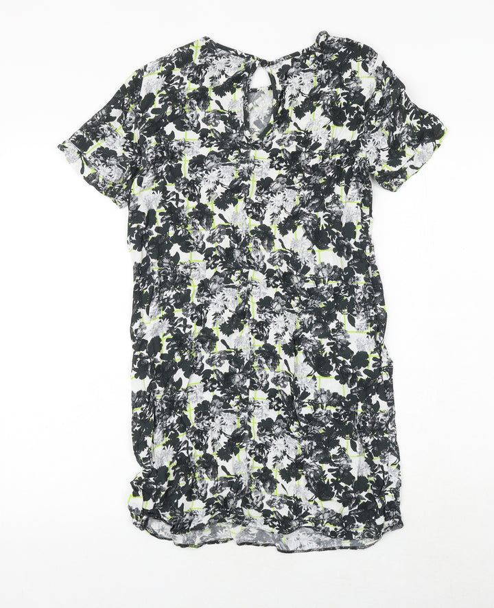 Miss Selfridge Womens Black Floral Viscose Shift Size 10 Round Neck Button