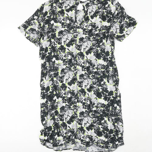 Miss Selfridge Womens Black Floral Viscose Shift Size 10 Round Neck Button