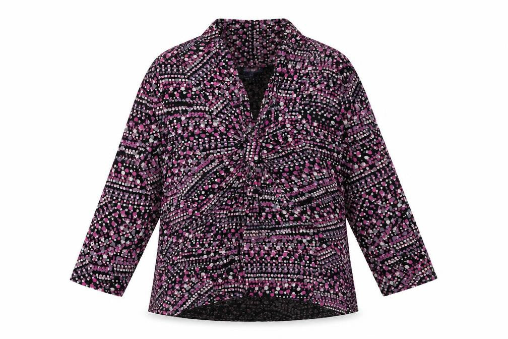 Front view of Aria women’s pink geometric viscose basic blouse, size UK 14, v-neck