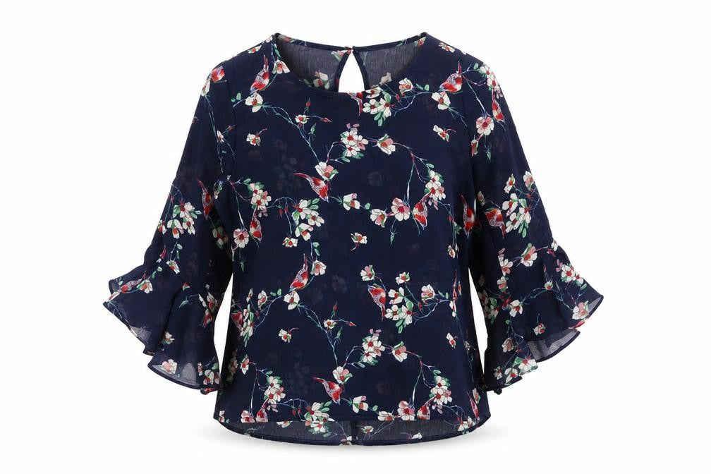 Front view of Stella women’s beige floral polyester basic blouse, size UK 8, round neck