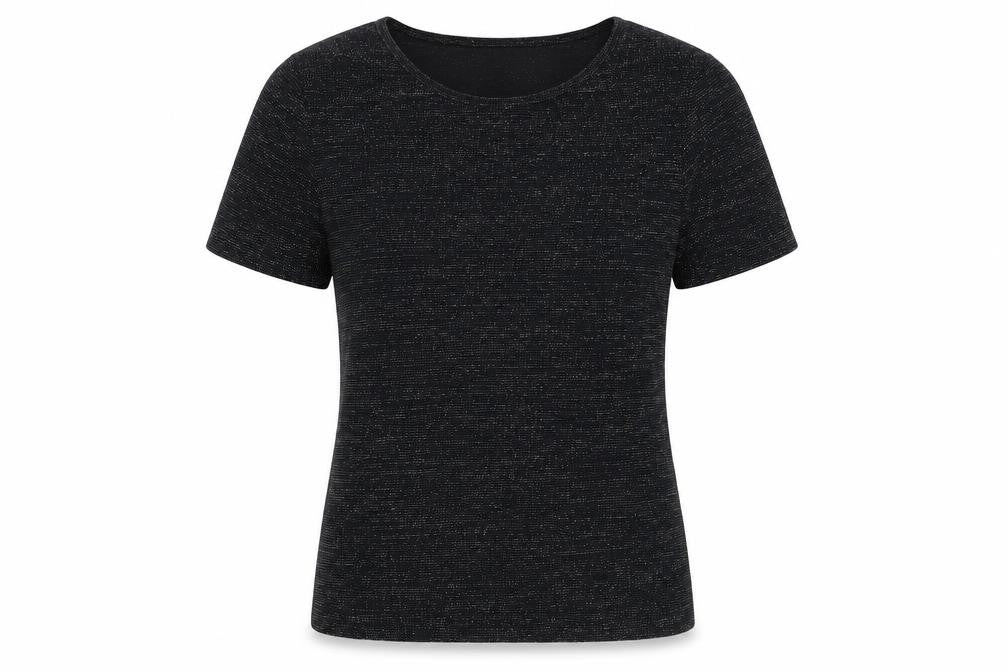 Front view of Klass women’s black nylon basic t-shirt, size M, round neck