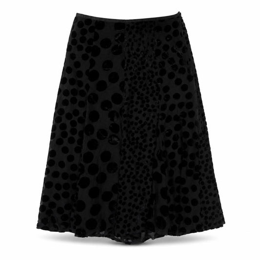 Front view of East women’s black geometric polyester swing skirt, size UK 10, zip
