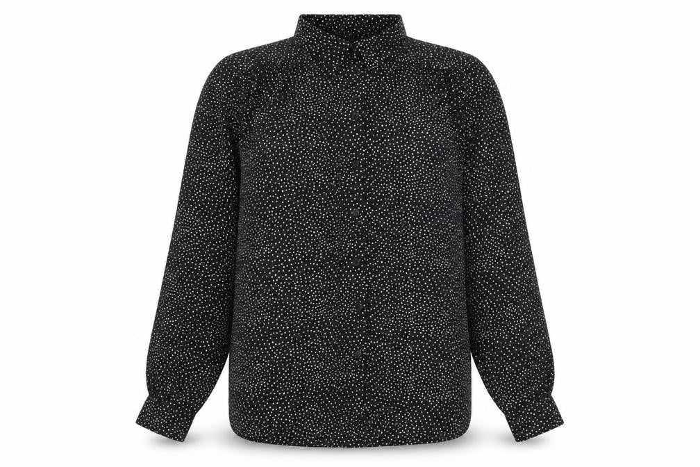 Front view of H&M women’s black geometric polyester basic button-up, size UK 8, collared