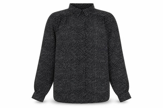 Front view of H&M women’s black geometric polyester basic button-up, size UK 8, collared