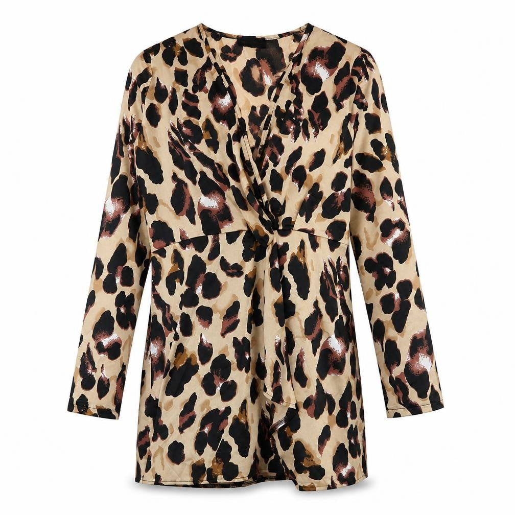 Front view of PRETTYLITTLETHING women’s brown animal print polyester a-line, size UK 8, v-neck zip - leopard pattern