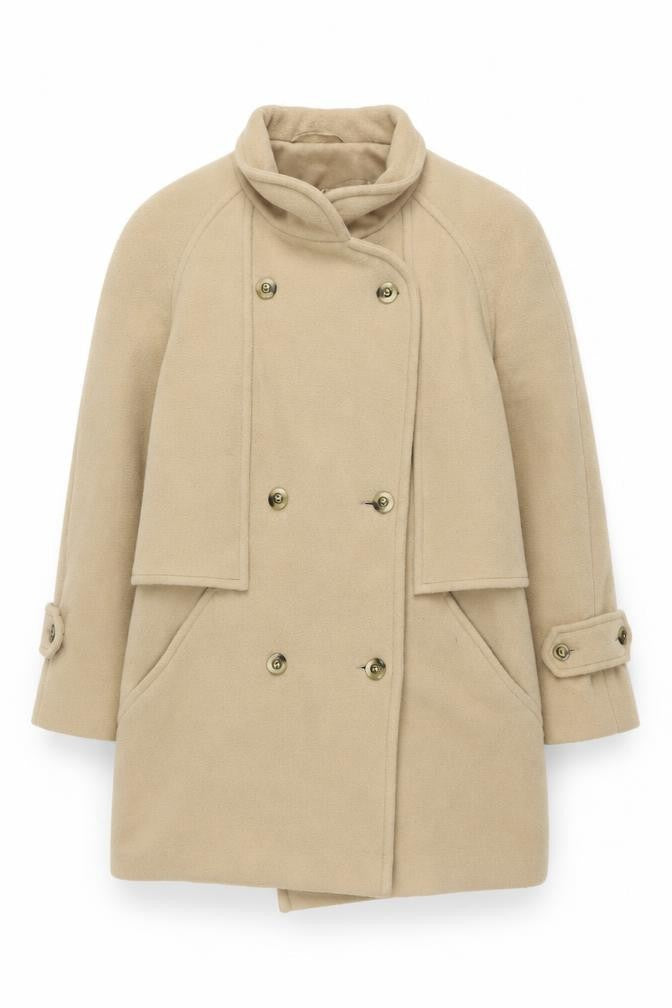 Front view of Classics women’s beige pea coat coat, size UK 12, button