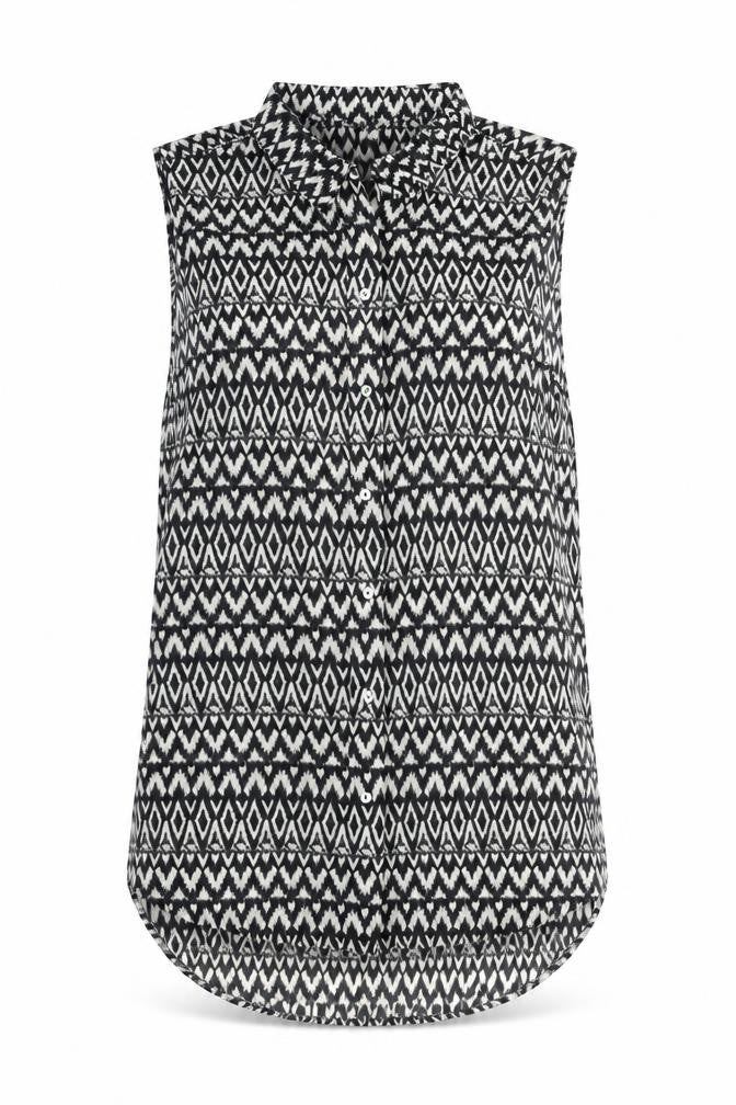 Front view of H&M women’s black geometric polyester basic button-up, size UK 8, collared