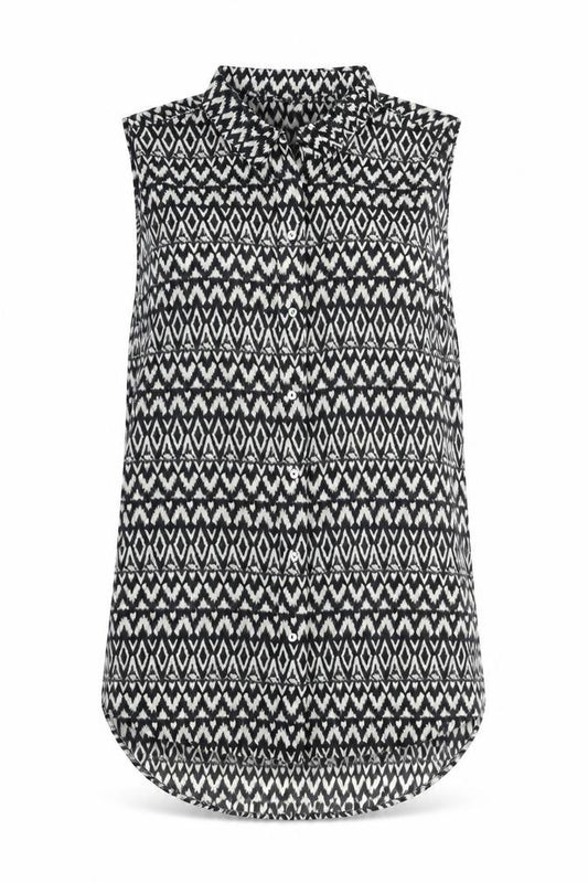 Front view of H&M women’s black geometric polyester basic button-up, size UK 8, collared