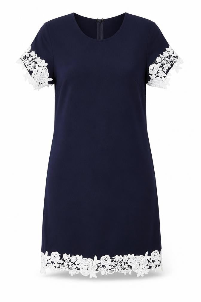 Rare London Womens Blue Polyester Shift Size 6 Round Neck Zip - Crocheted Lace Detail
