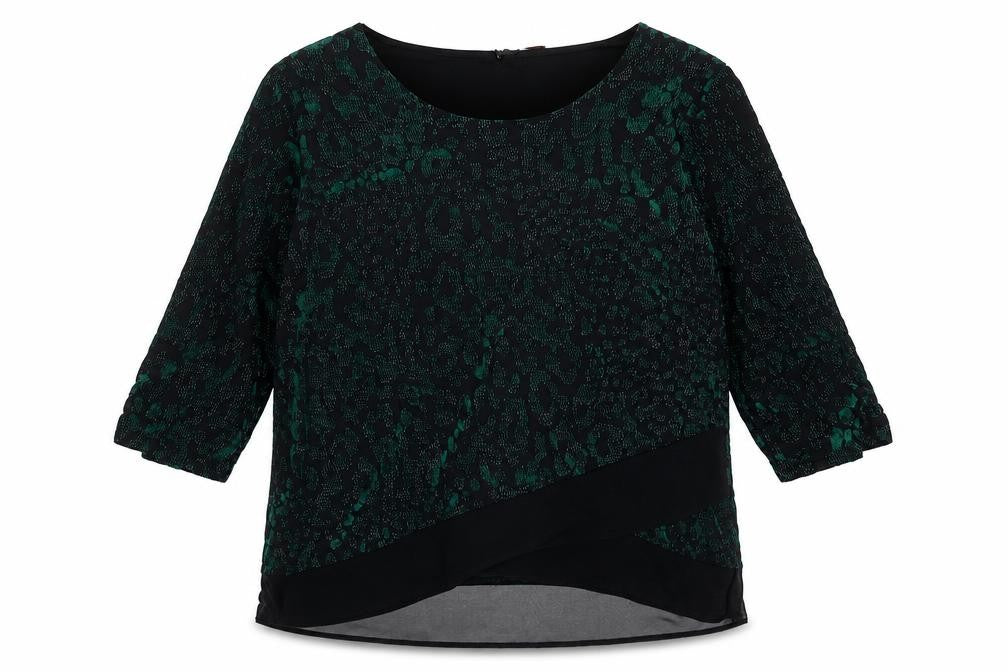 Front view of Anna Rose women’s green animal print polyester basic blouse, size XL, boat neck