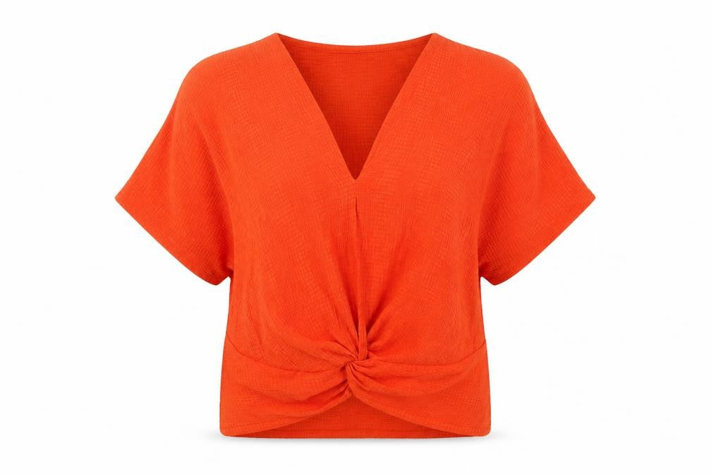Front view of Zara women’s orange polyester basic blouse, size S, v-neck - knot front