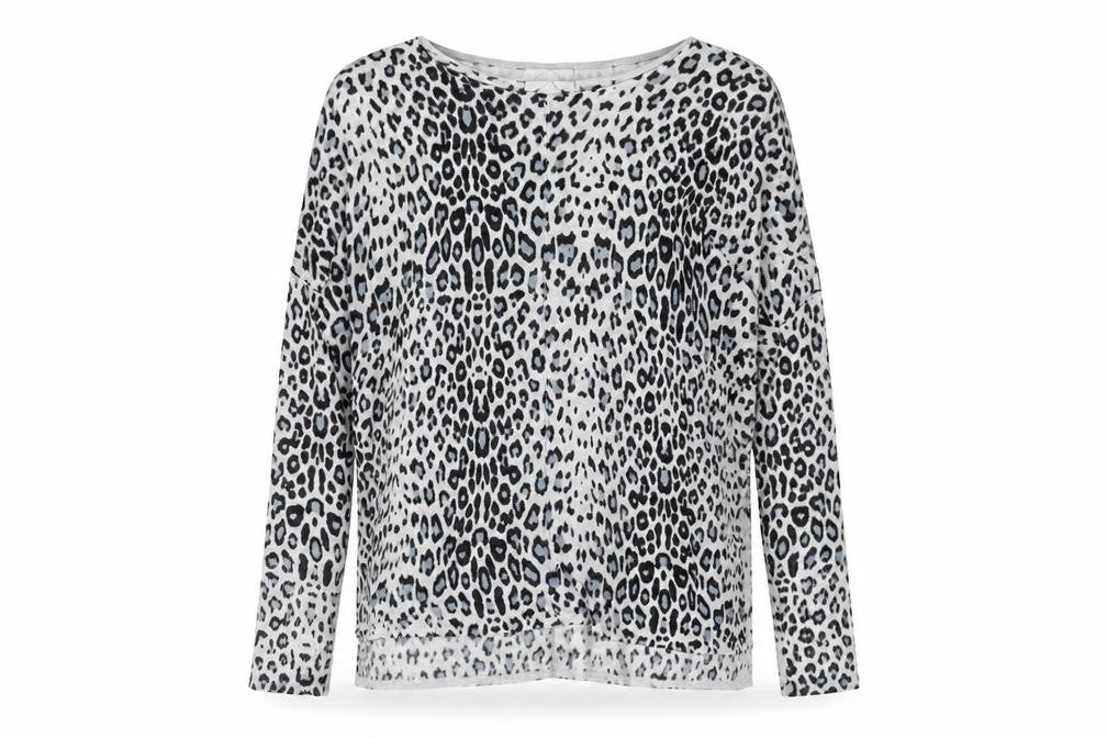 Front view of H&M women’s grey boat neck animal print acrylic jumper, size S, - leopard pattern