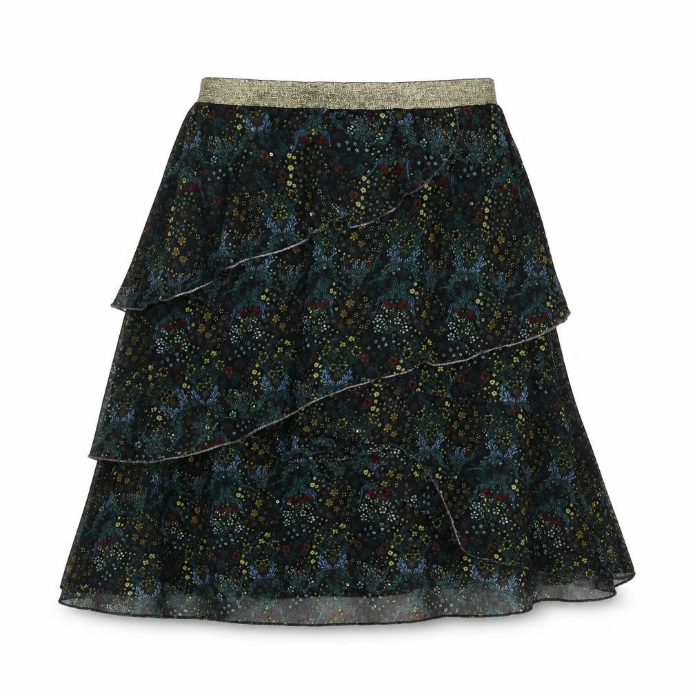 Front view of River Island women’s black floral polyester skater skirt, size UK 12