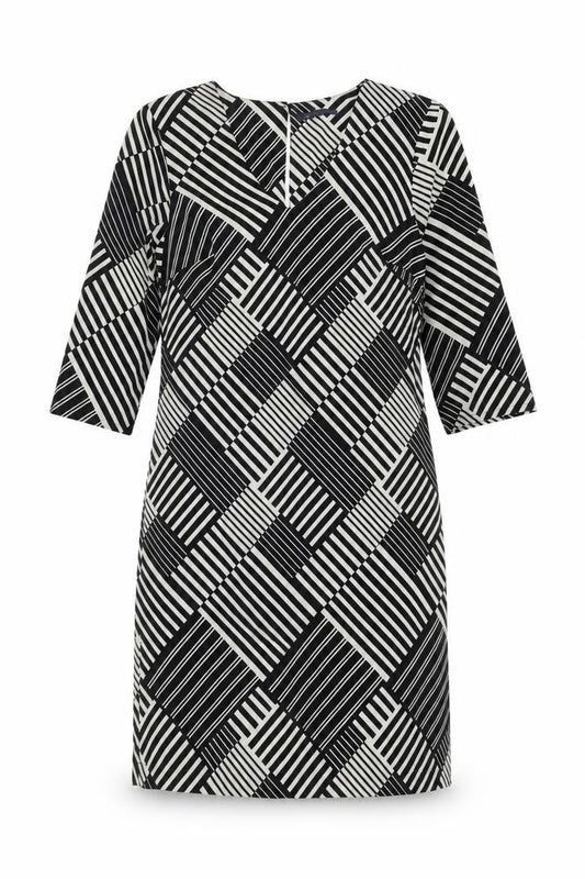 Front view of Marks & Spencer women’s black geometric polyester a-line, size UK 10, v-neck button