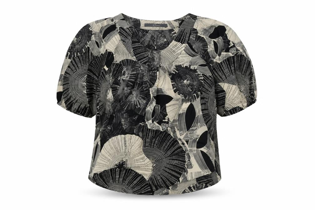 Front view of Luxzuz women’s black geometric polyester basic blouse, size UK 8, scoop neck