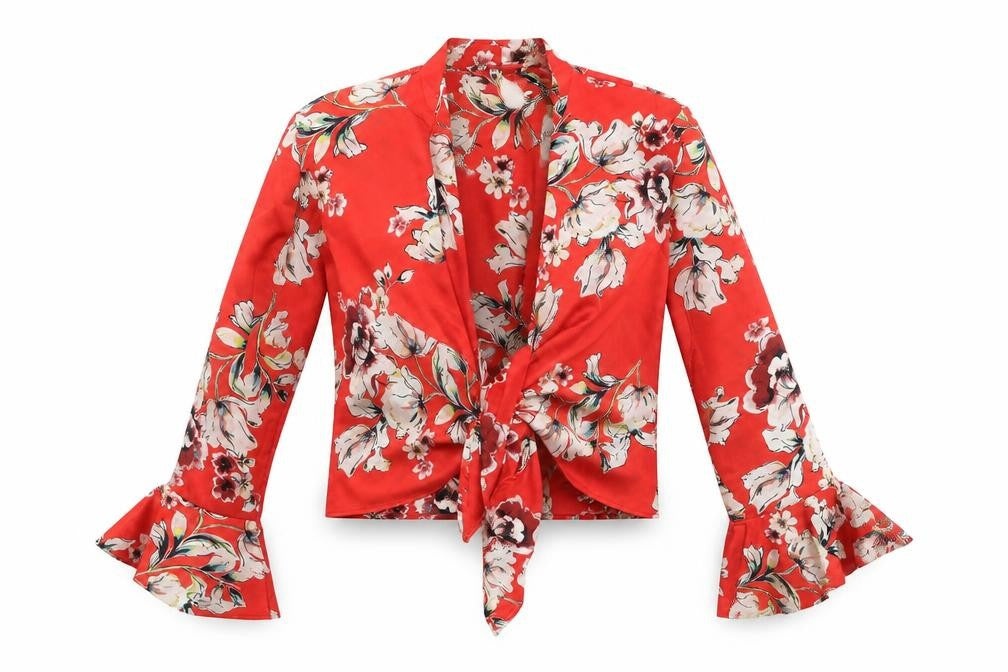 Front view of Missguided women’s red floral polyester basic blouse, size UK 10, v-neck - tie front