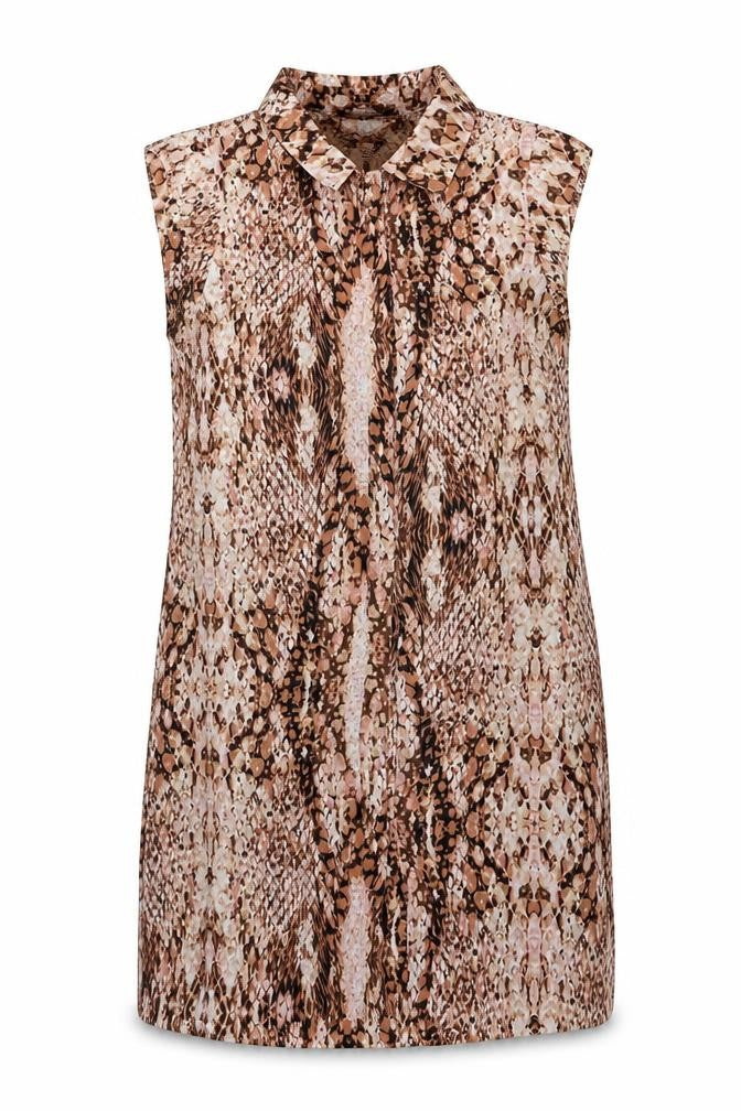 Front view of Bar III women’s brown animal print polyester a-line, size L, collared button - snakeskin pattern