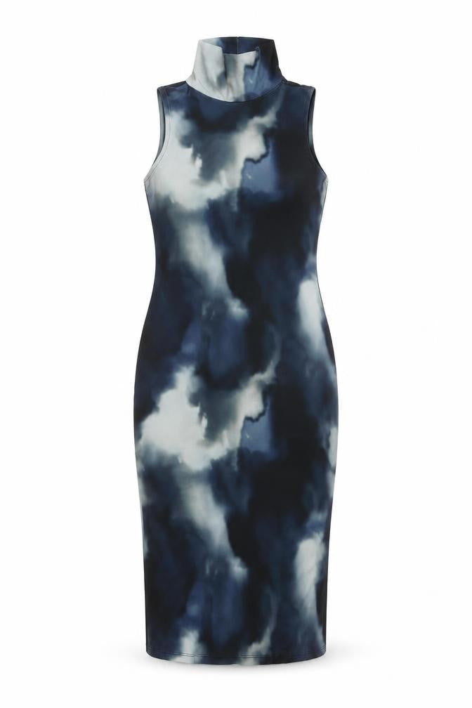 Front view of H&M women’s blue geometric polyester bodycon, size XS, high neck pullover