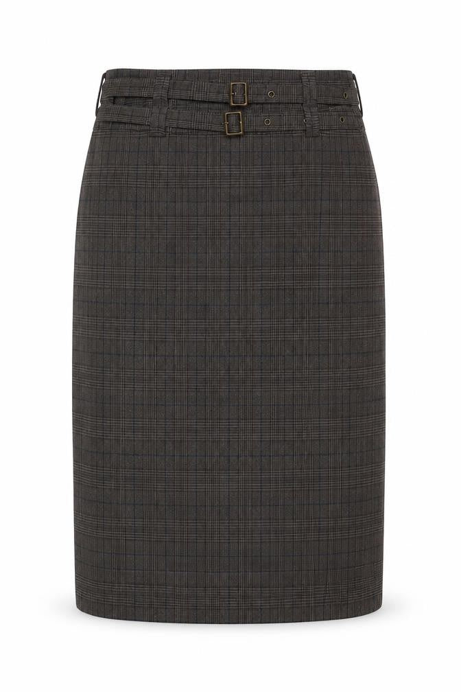 Front view of Topshop women’s grey plaid polyester a-line skirt, size UK 8, zip