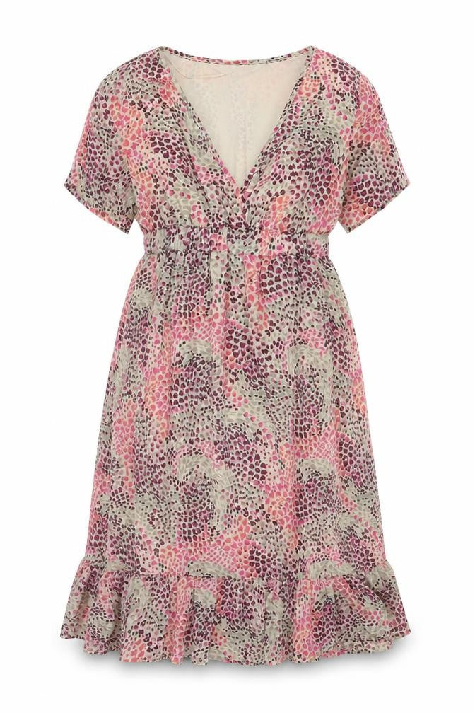 Front view of H&M women’s multicoloured geometric polyester trapeze & swing, size UK 6, v-neck pullover