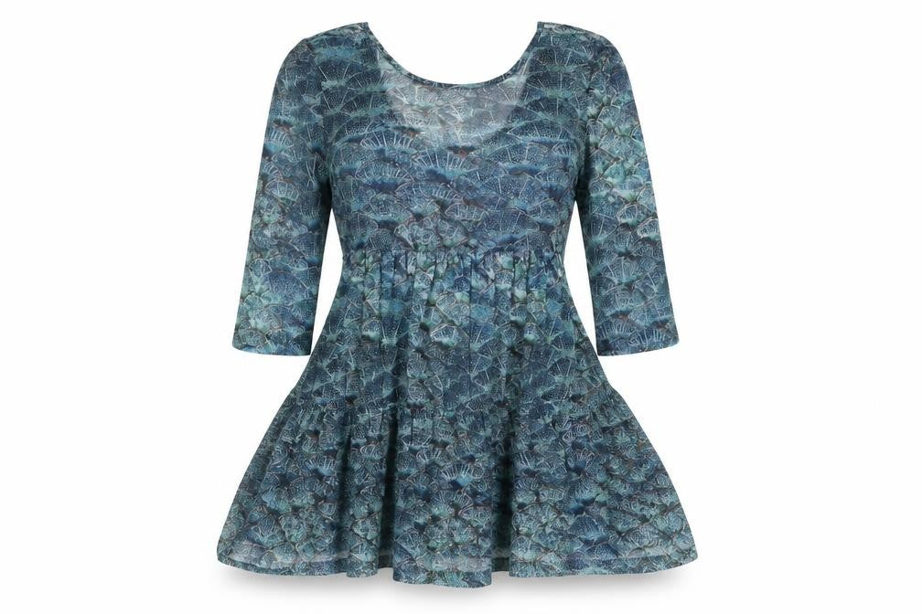 Front view of Topshop women’s blue geometric polyester skater dress, size UK 8, round neck pullover