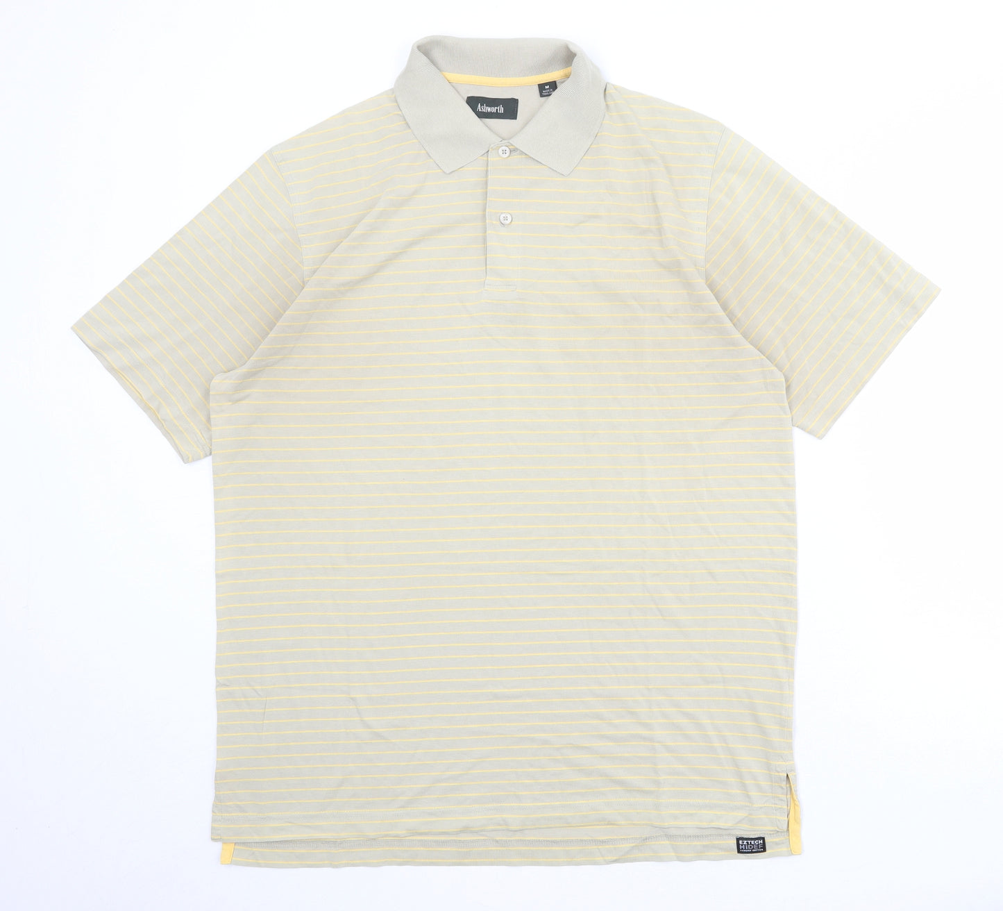 Ashworth Mens Beige Striped 100% Cotton Polo Size M Collared Button
