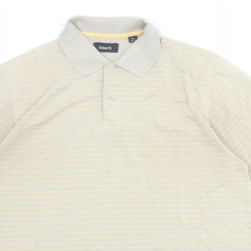 Ashworth Mens Beige Striped 100% Cotton Polo Size M Collared Button