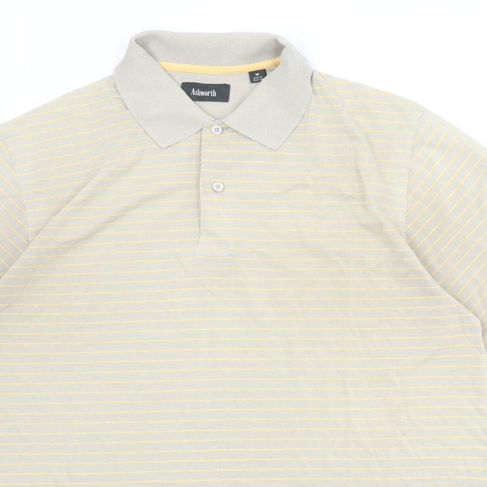Ashworth Mens Beige Striped 100% Cotton Polo Size M Collared Button