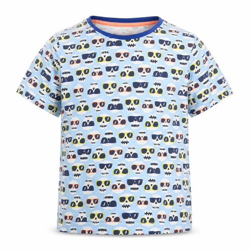 Marks and Spencer Boys Blue Geometric Cotton Pullover T-Shirt Size 9-10 Years Round Neck Pullover - Skull Sunglasses Print