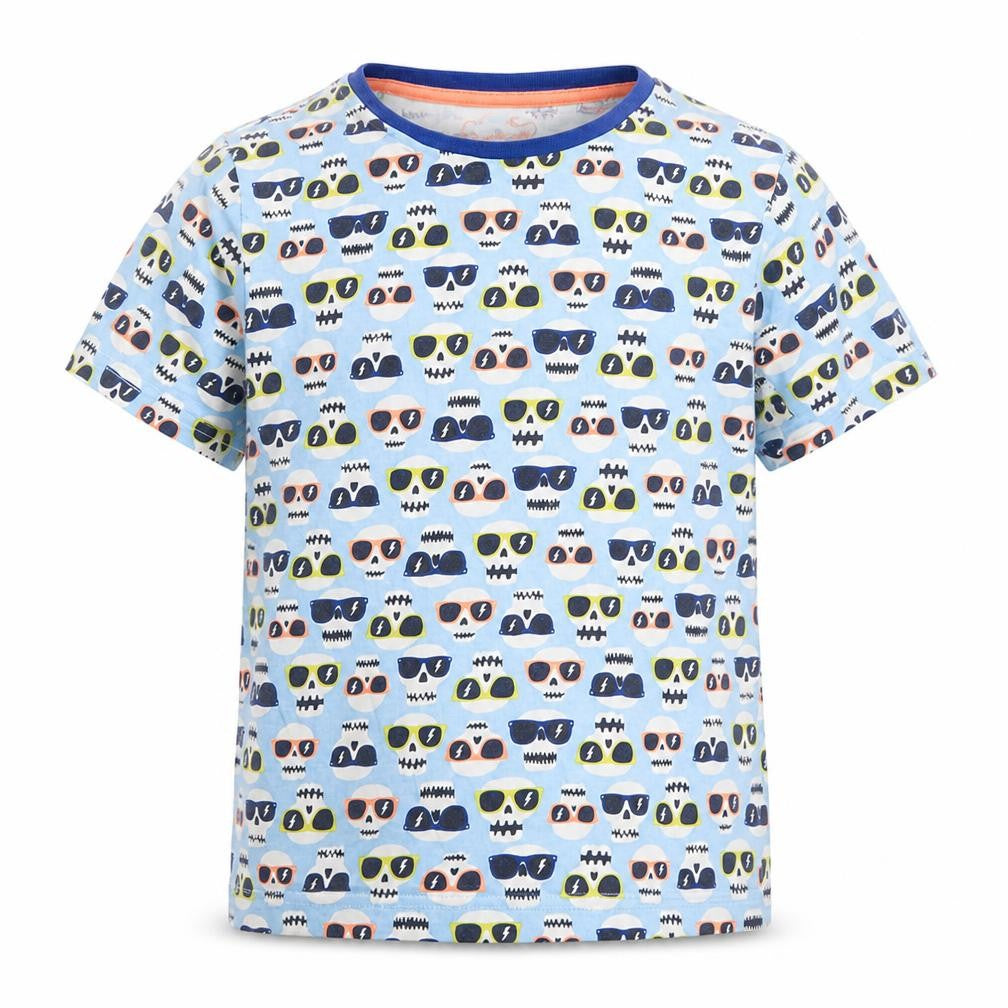 Marks and Spencer Boys Blue Geometric Cotton Pullover T-Shirt Size 9-10 Years Round Neck Pullover - Skull Sunglasses Print