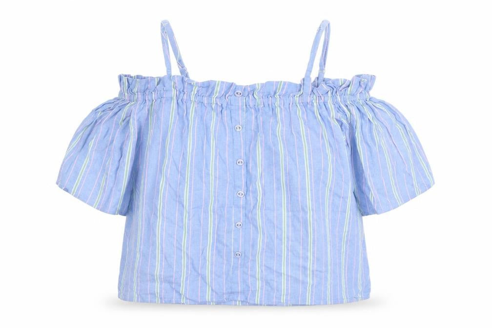 Front view of Pins & Needles women’s blue striped 100% cotton basic blouse, size S, off the shoulder