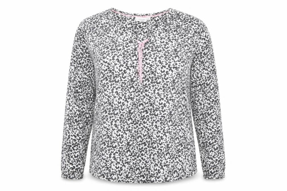 Front view of Pastunette women’s beige animal print 100% cotton basic blouse, size UK 12, round neck
