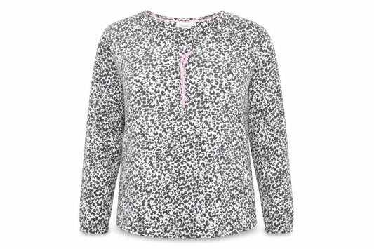 Front view of Pastunette women’s beige animal print 100% cotton basic blouse, size UK 12, round neck
