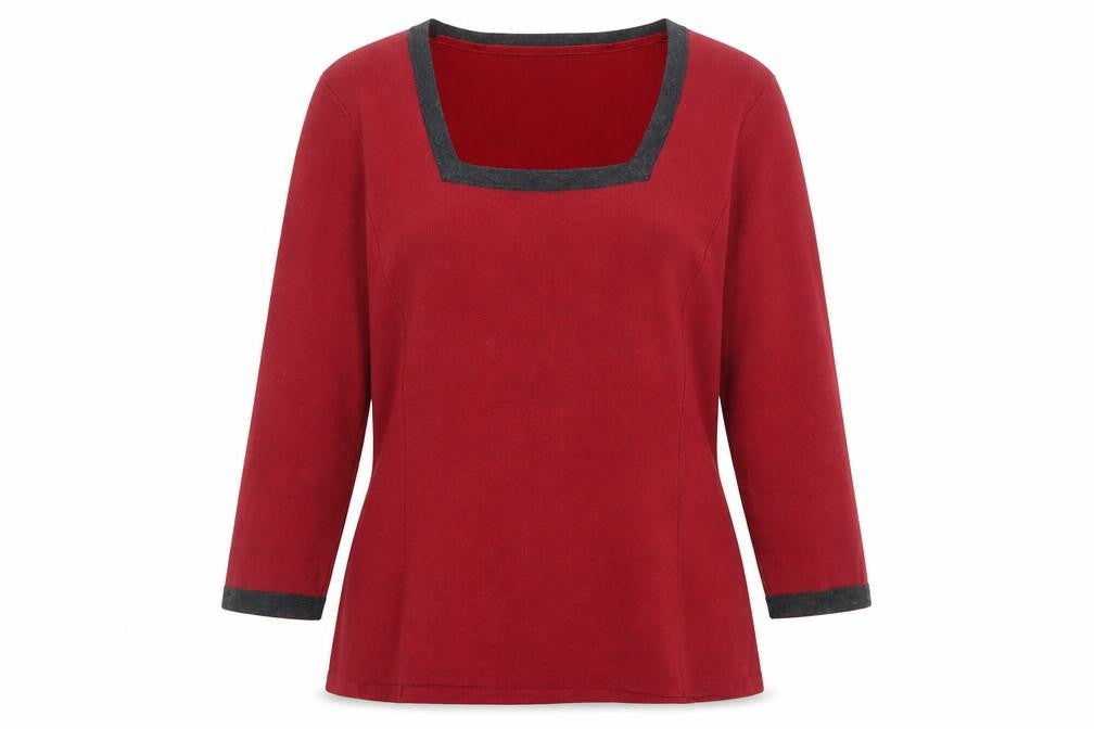 Front view of Country Casuals women’s red square neck viscose jumper, size S