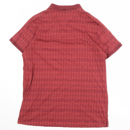 W&B Mens Red Geometric 100% Cotton Polo Size L Collared Button