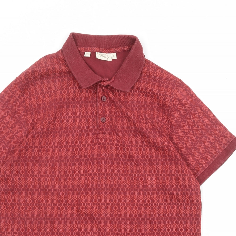 W&B Mens Red Geometric 100% Cotton Polo Size L Collared Button