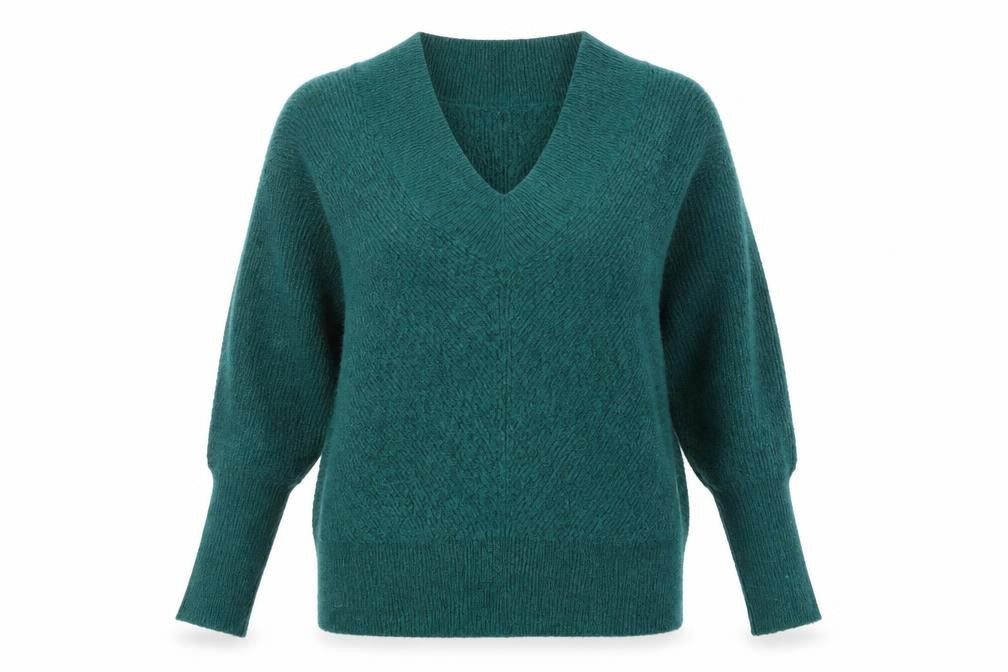 Front view of Monsoon women’s green v-neck acrylic jumper, size S