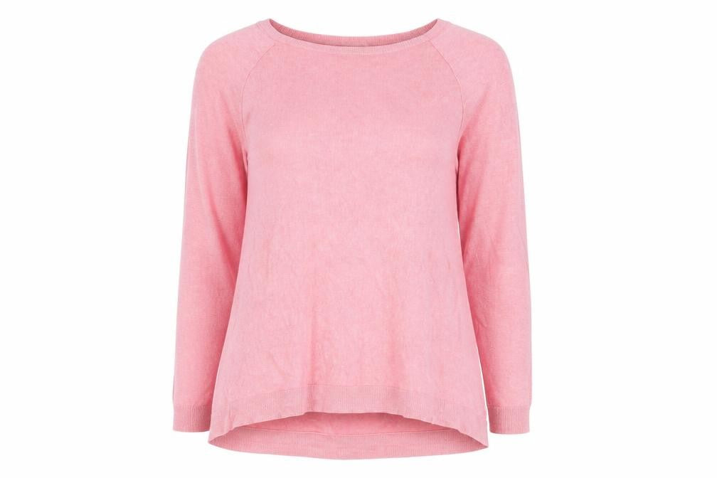 Front view of Phase Eight women’s pink boat neck viscose jumper, size UK 10