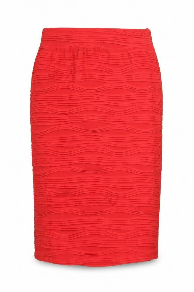 Front view of Miss Selfridge women’s red geometric polyester a-line skirt, size UK 10