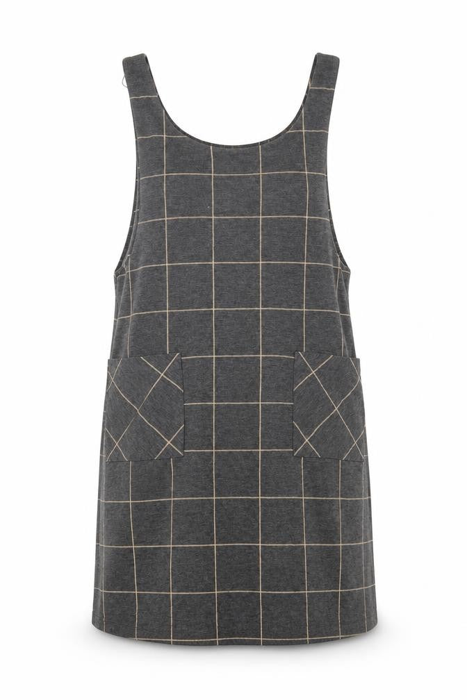 Front view of New Look women’s green check polyester pinafore/dungaree dress, size UK 8, round neck pullover