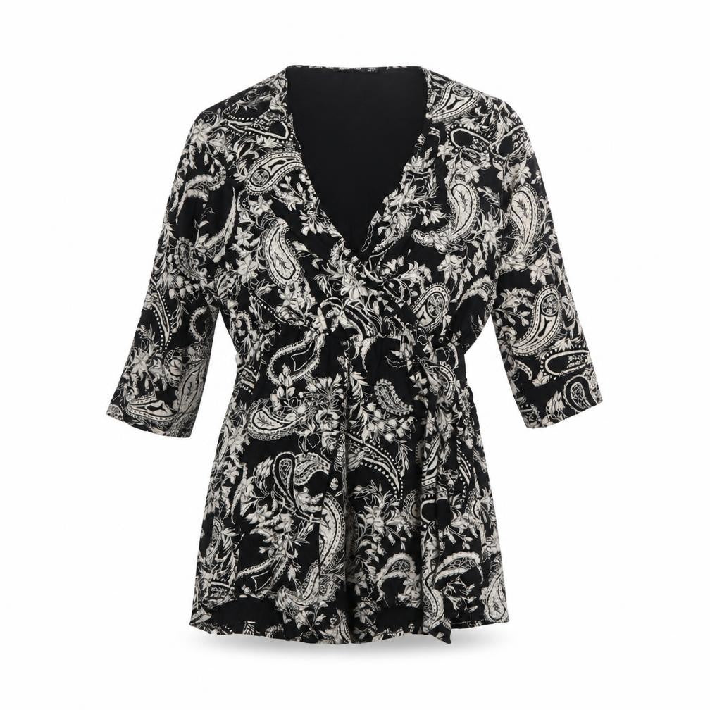Front view of Boohoo women’s black paisley viscose playsuit one-piece, size UK 10, pullover