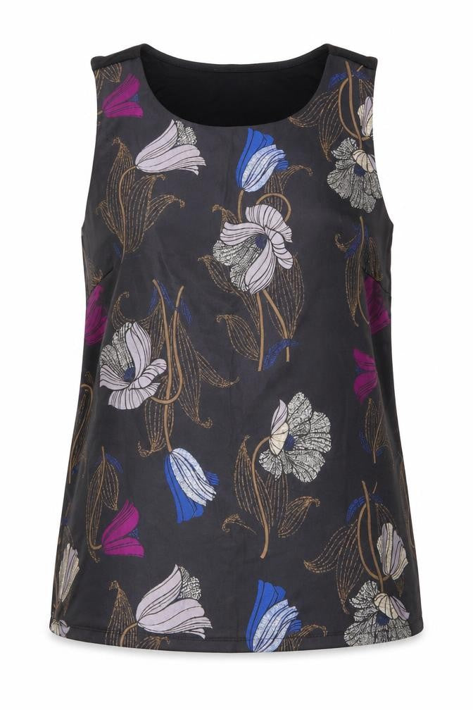 Front view of Ann Taylor women’s black floral polyester basic tank, size S, round neck