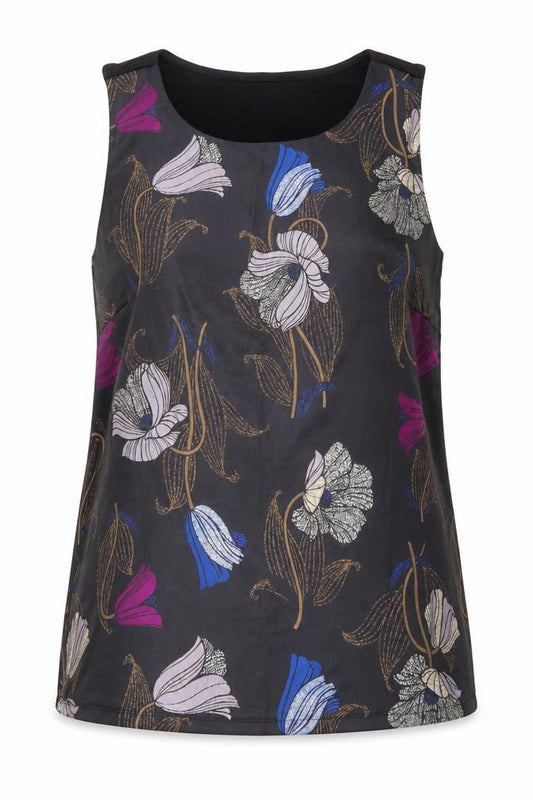Front view of Ann Taylor women’s black floral polyester basic tank, size S, round neck